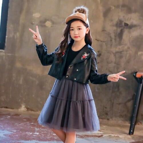 Fashion Spring Autumn Children Embroidery Leather Jackets 2020 Girls Outwear Kids PU Leather Coats + Dress 2 PCS sets 3-12 Years