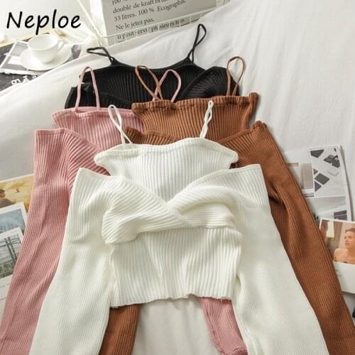 Neploe Fashion Fake 2 Pcs Patchwork Knit Camis Sweater Women Pullover Long Sleeve Shoulder Strapless Pull Femme Spring Sueter