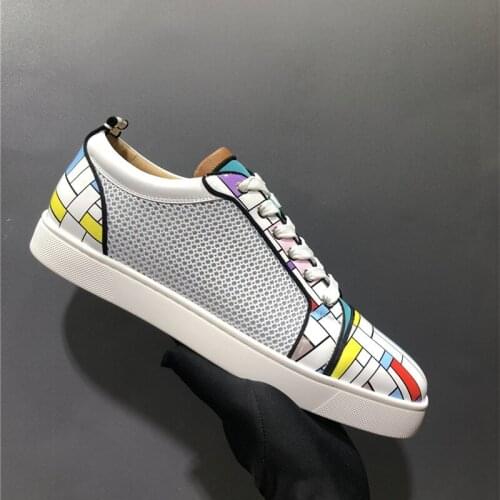 Men White Bottom Sneakers Lace-up Casual Graffiti Mixed Color Non-Slip Round Toe Personal Flat Massage High Quality Canvas Shoes