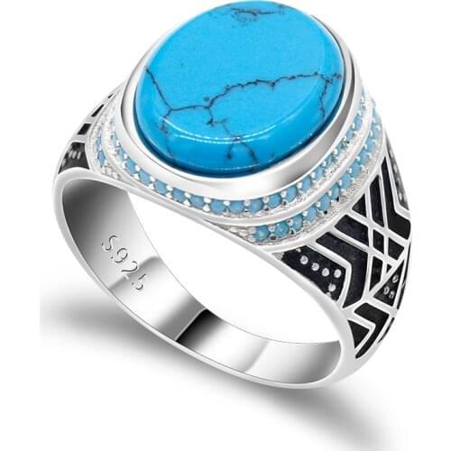 Men Jewelry Turkish Ring with Sea Blue Crack Turquoise Big Flat Stone Small Turquoise Stones 925 Sterling Silver Ring for Men