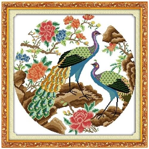 Joy Sunday DIY Cross Stitch Kits Two flower peacocks pattern Printed Chinese embroidery needlework for a living room and bedroom