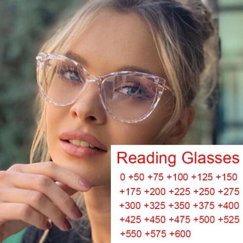 Ready-Made Transparent Cat Eye Reading Glasses Ladies 2021 Anti Blue Light Eyeglass Frames Fashion Game Points Plus 0 To 6 Oculo