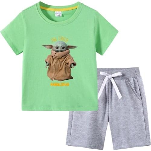Casual Summer Wear Cartoon T-shirt Tops+Shorts Clothes Set Boys Girls Christmas Clothes Star Wars Baby Yoda Toddler Outfit