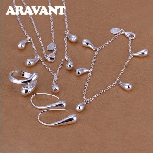 Silver 925 Jewelry Set Water Drop Pendant Necklace Bracelet Earrings Open Ring For Women Gifts