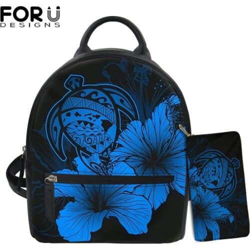 FORUDESIGNS Blue Hawaii Hibiscus Turtle Print Backpack And Purse 2Pcs Set for Womens Casual Mini Shoulder Bags Bolsa Femininas