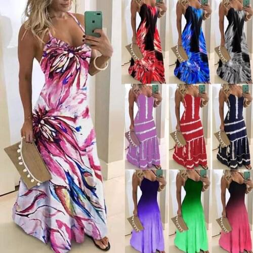 Vintage Floral Print Dress Sexy Spaghetti Strap V Neck Long Dresses Women Summer Beach Gradient Dress Party Tunic Plus Size 5XL