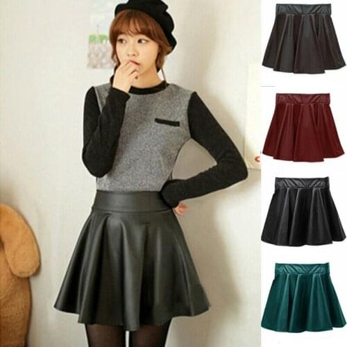 Women Faux Leather Skirt Vintage Elastic Solid Color High Waist Flared Pleated Stretch Mini Short Skirt