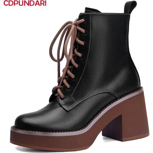 Ladies Black Genuine Leather High Heels Platform Ankle Boots For Women Autumn Winter Martin Short Boots Shoes Bottes Plateforme