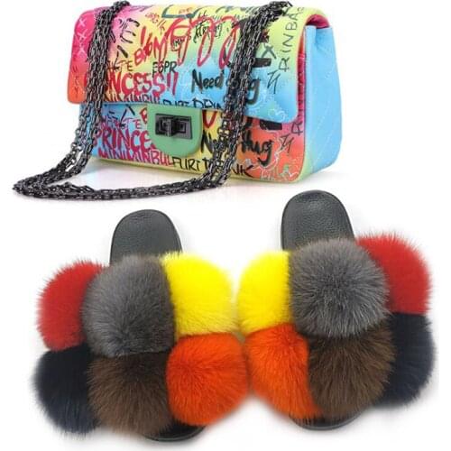 Womens Fluffy Fox Fur Slippers Ladies Fur Slides Female Furry Fur Sandals Girls Cute Graffiti Handbag Rainbow Wallet Shoes Set