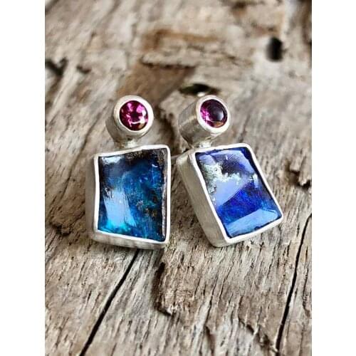 Vintage Blue Man-made Fire Opal Ear Stud Earrings Zircon Women Wedding Party Earrings Best Gift