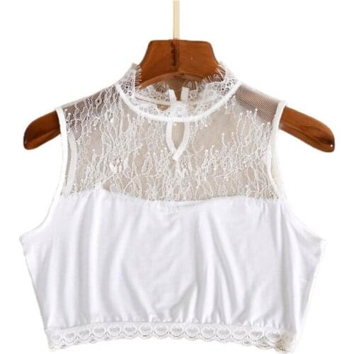 Q1FA Women Eyelash Stand Collar Faux Collar Half Shirt Floral Lace Splicing Crop Top