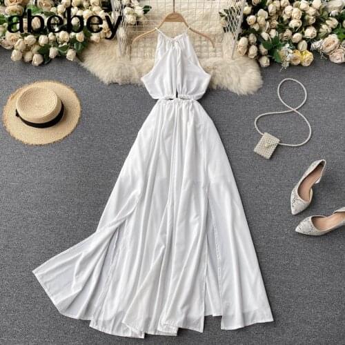 Sexy Backless Halter Dress Women V Neck Sleeveless Ruffles A-line Dresses Summer Bohemian Vacation Beach Dress
