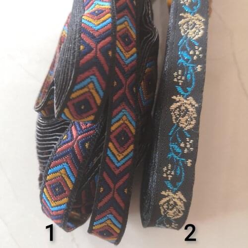 1.1cm 11mm 3/8 Narrow Aztec Rhombus Arrow Turquoise Blue Filigree Gold Flower Lace Trim Curtain Laciness Jacquard Ribbon Webbing