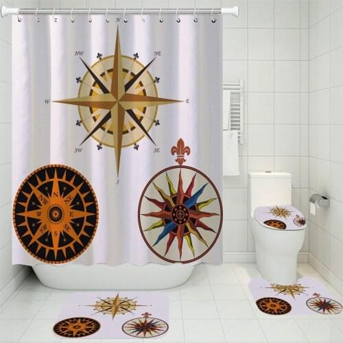 3/4 Pieces Circle Compass Shower Curtains Sets Nautical Artifact Carpet 3D Print Toilet Mat Direction Tool For Bathroom Set