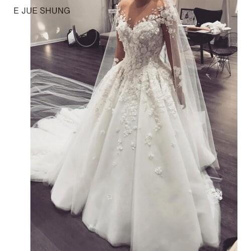 E JUE SHUNG White lace appliques Luxury Wedding Dresses Sheer Beaded long sleeves Ball Gown Bridal Gowns Wedding Gowns