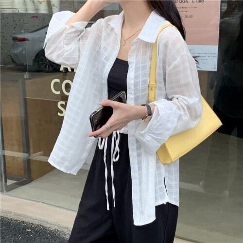 White Plaid Blouse Women 2021 Streetwear Summer Long Sleeve Tops Blouses Plus Size Loose Shirts blouses femme
