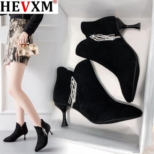 Big Size 32-45 Kid Suede Women Ankle Boots Zip Short Plush Boot Crystal Pointed Toe Ladies Shoes High Heels Footwear Black