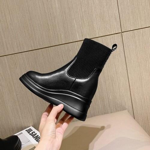 New winter Japan South Korea ankle Women boots Genuine leather 8cm wedges Fashion boots black Women shoes Waterproof Taiwan