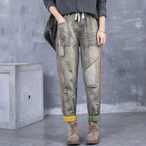 New Arrival Spring Arts Style Women Elastic Waist Cotton Denim Harem Pants Patchwork Pocket Vintage Loose Ripped Jeans