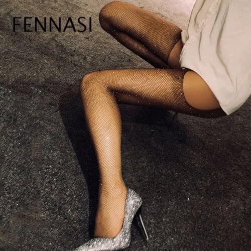 FENNASI Womens Stockings Fishnet Tights Open Crotch Pantyhose Mesh Nylons Lady Lingerie Tights With Rhinestones Sexy Crotchless
