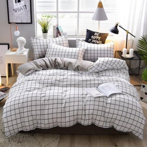 Home Living White Grid Print 3/4Pcs Bedding Sheet Pillow Case Duvet Cover Queen Size and King Size Bedding Sets