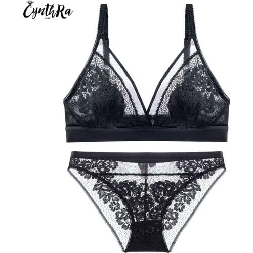 CYNTHRA Womens Bra Set Sexy Breathable Lace Thin Gathered Push Up Underwear Large Size Wireless Soft Confort Lingerie Set