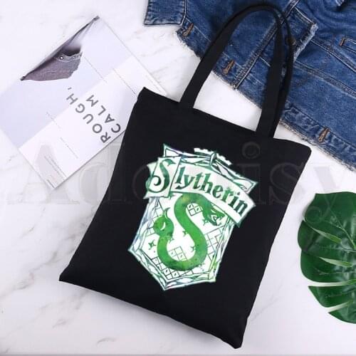 Slytherin Reusable Shopping Bag Women Canvas Tote Bags Printing Eco Bag Cartoon Shopper Shoulder Bags Black