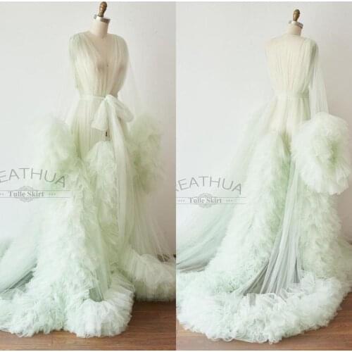 Mint Green Bridal Night Pajamas Tulle Women Nightgowns Photography Gown Kimono Party Evening Robe Bathrobe Sleepware