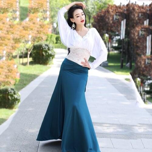 New style belly dance fashion V-neck long-sleeved lace + long skirt 2pcs oriental dance performance costume belly dance suit