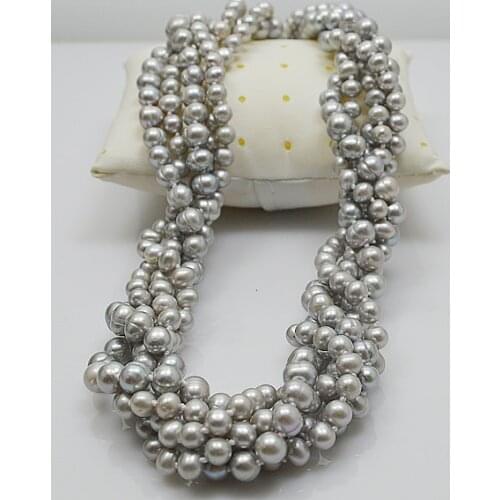 Gray freshwater pearl necklace flower silver clasp 5rows near round real pearl jewelry handmade necklace pearfect women gift