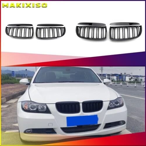 Front Kidney Grille Hood Grills -Double Line for BMW E90 323I 328I 335I 330I 325I 3-Series 2005-2008 (Gloss Black)