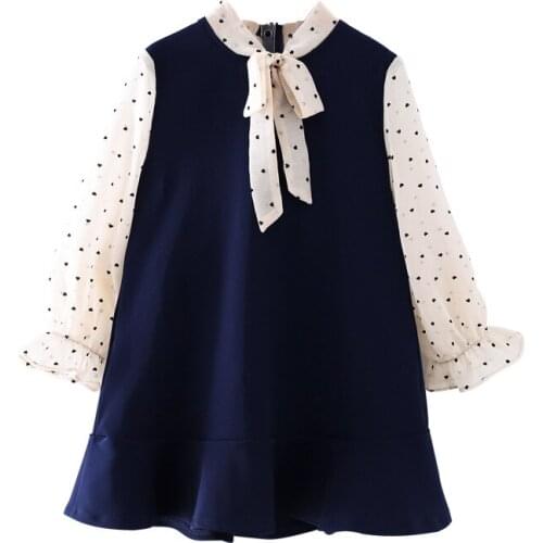 Girls Dresses 2020 Spring New Childrens Wear Girls Sweet Bow Collar Round Neck Stitching Long Sleeve Ruffled Comfortable Dress