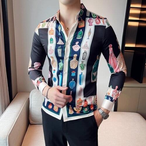 Luxury Printed Mens Shirt British Style Long-sleeved Slim Casual Shirt Fashion Streetwear Social Party Tuxedo Men Clothing