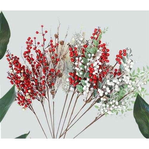 Christmas Artificial Branche Pine Berry Cone Red Fruit for Christmas Decoration Fake Flower Artificial Pine Tree Branches