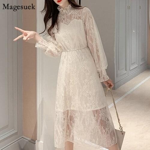 Long Sleeve Spring Summer 2021 Dress Stand Collar Lace Floral Dress Women Elegant Sweet Office Lady Midi Dresses Vestidos 12530