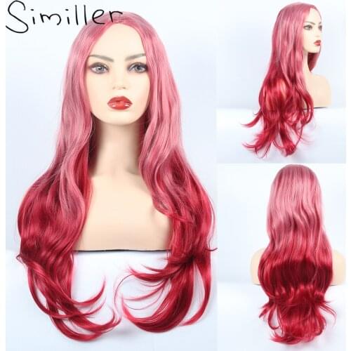 Similler Synthetic Hair Wavy Long Wigs for Women High Temperature Fiber Red Ombre Cosplay Wig Central Part