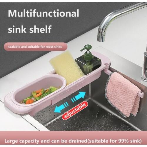 Telescopic Design Sink Shelf Kitchen Sinks Organizer Soap Sponge Towel Holder Sink Drain Rack Storage Basket Kitchen Accessories