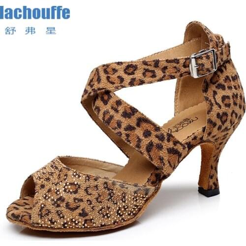 Winter Leopard Dance Shoes for Latin Ballroom Dancing Shoes Children Soft Bottom Dance Sandals Woman Rhineston Salsa-dance-shoes