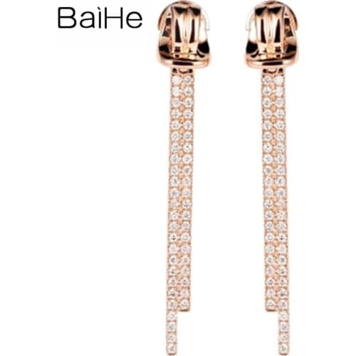 BAIHE Solid 14K Rose Gold 0.26ct H/SI Natural Diamonds Wedding Gift Fine Jewelry Beautiful Long Stud Earrings Women серьги