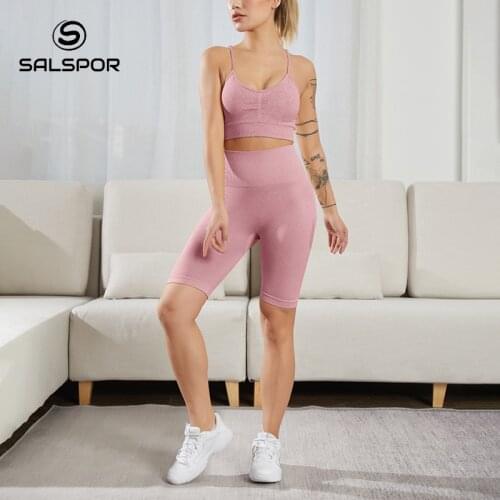 SALSPOR 2 Pcs Tracksuits Women Sets Ladies Running Shockproof Push Up Bralette Women Sexy Bra Slim Fitness Short Leggings Women