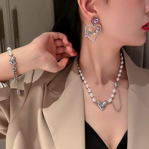 MOGAKU Metal Heart Pendants Necklaces Korean Fashion Purple Rhinestone Earrings Bracelet Women Letter Pearl Party Jewelry Sets