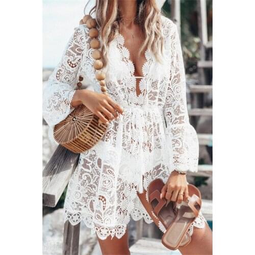 Women Boho Beach Summer Holiday Vacation Sundress Mesh Lace Floral Playa Dress Elegant Ladies long Sleeve White tunic kaftan