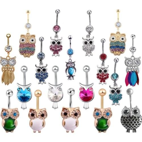 1PC Cute Animal 316L Stainless Steel Green Owl Crystal Navel Bars Gold Belly Button Ring Navel Piercing Body Jewelry Accessories