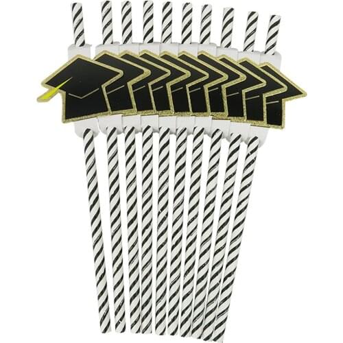 10PCS Paper Drinking Straw Stripe Doctorial Hat Plastic Party Straw For Graduation Party