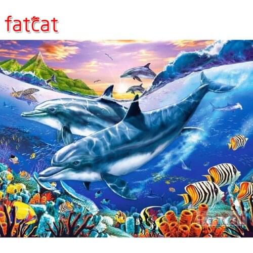 FATCAT 5d diy diamond painting kits Dolphin life ocean scenery full square round diamond embroidery sale wall decoration AE3070