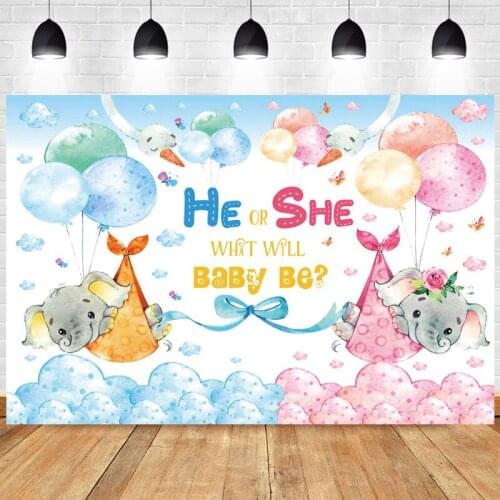 Boy or Girl Gender Reveal Photo Backdrop Elephant Baby Shower Happy Birthday Party Newborn Kids Photography Background Banner