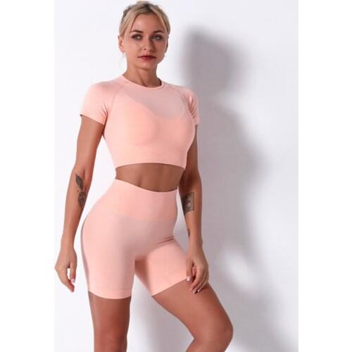 2 Piece Seamless Yoga Set Women Clothing Sport Crop Top T-Shirt+Shorts Gym Workout Sportwear Push Up Leggings Gym Set Women