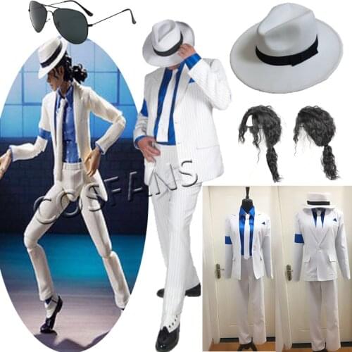 Michael Cosplay Jackson Smooth Criminal Suit Michael Jackson Cosplay Costume top+pants+shirt+tie+hat+strap Halloween Wig glasses