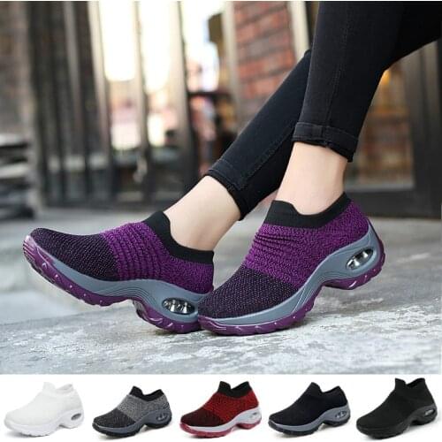 Womens Walking Shoes Fashion Air Cushion Thick Bottom Sneakers Slip-on Lightweight Breathable Casual Shoes