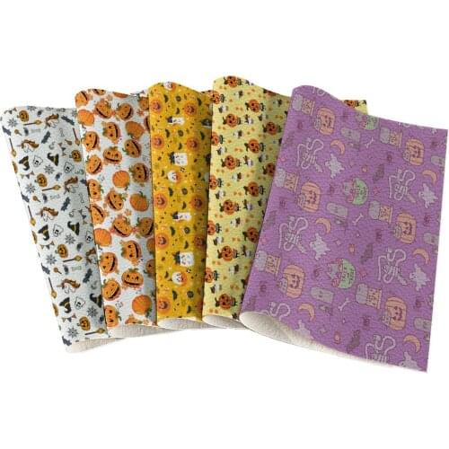 Faux Leather Bed Sheet Fabric Halloween Pumpkin Pattern Printing Synthetic Leather Bow Making DIY Crafts 22*30cm/A4